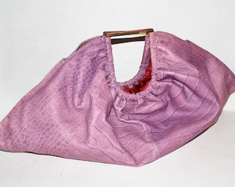 GIANNI VERSACE Vintage Leather Embossed Huge Clutch Purple Folded Tote