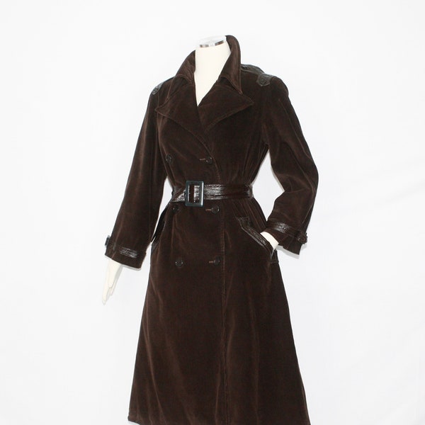 Vintage PIERRE CARDIN CREATION Trench Coat Mod Brown Corduroy Patent Leather Jacket