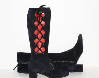 Vintage BANDALINO GOGO Boots Navy Blue Suede Red Patent Leather Lace Up 8