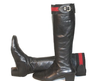 Early GUCCI Vintage Boots Navy Leather Web Stripe Buckle Size 36.5 - AUTHENTIC -