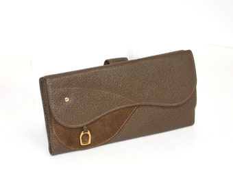 GUCCI Vintage Brown Leather Suede Bi-Fold Horseshoe Wallet - AUTHENTIC -