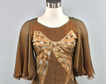 ZANDRA RHODES Vintage Dress Layered Silk Chiffon Painted Formal - AUTHENTIC -