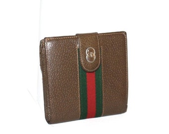 GUCCI Vintage Brown Leather Wallet Web Bi-Fold Coin Purse - AUTHENTIC -
