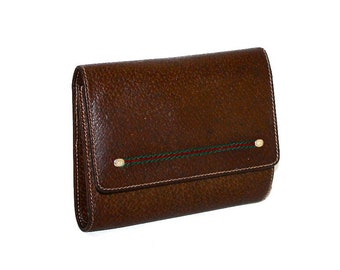 GUCCI Vintage Wallet Tri-Fold Brown Leather Web Stripe Coin Purse - AUTHENTIC -