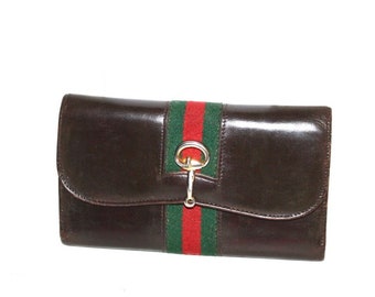 GUCCI Vintage Wallet Brown Leather Web Tri-Fold Coin Purse - AUTHENTIC -
