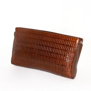 FENDI Vintage Leather CLUTCH Brown Embossed Zucca Logo Handbag - AUTHENTIC -