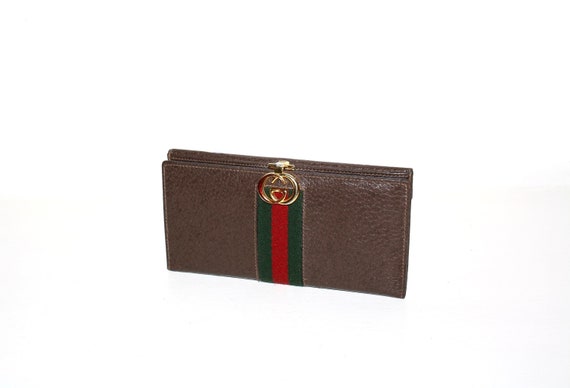 GUCCI Vintage Brown Leather Web Wallet Monogram Enamel Coin  display picture 1