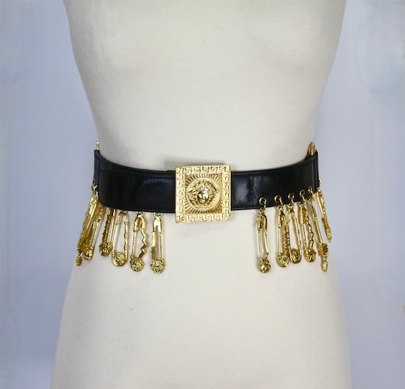 GIANNI VERSACE Vintage Safety Pin Belt Gold Black… - image 1
