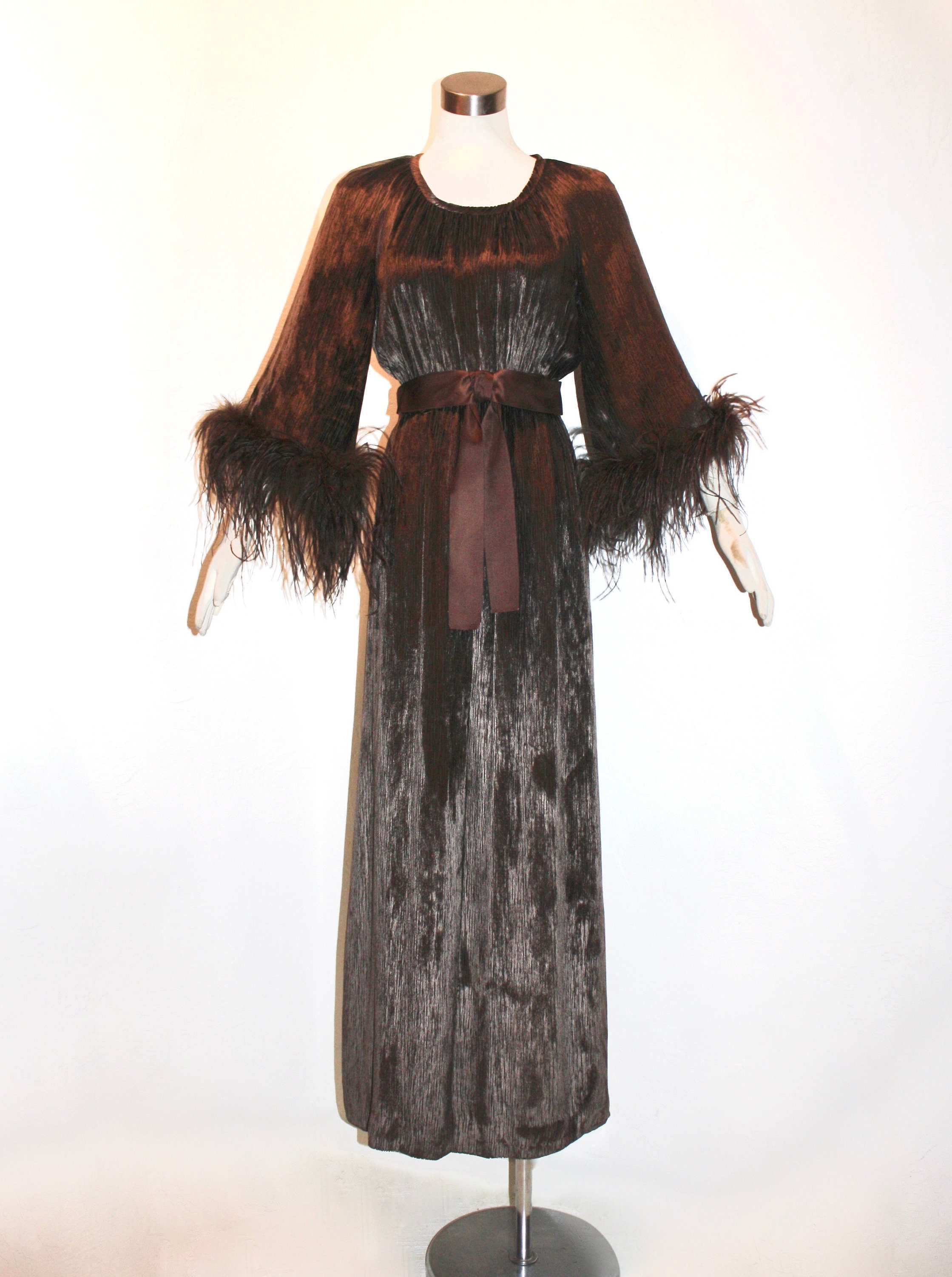 Christian Dior Boutique By Marc Bohan Vintage Brown Velvet Feather Gown