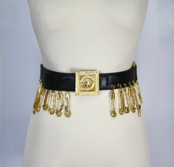 GIANNI VERSACE Vintage Safety Pin Belt Gold Black Leather Medusa