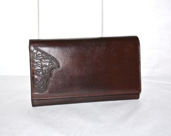 GIANNI VERSACE Vintage Wallet Brown Leather Embroidered Medusa Head Clutch - AUTHENTIC -