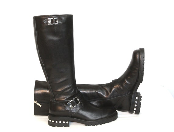 Vintage GIANNI VERSACE Boots Motorcycle Tall Black Leather  display picture 3