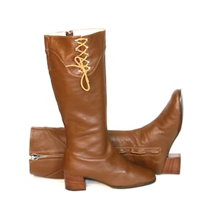 Vintage GO GO Boots Brown Leather Side Lace Up Wide Calf -10C-