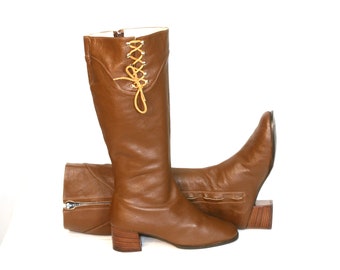 Vintage GO GO Boots Brown Leather Side Lace Up Wide Calf -10C-