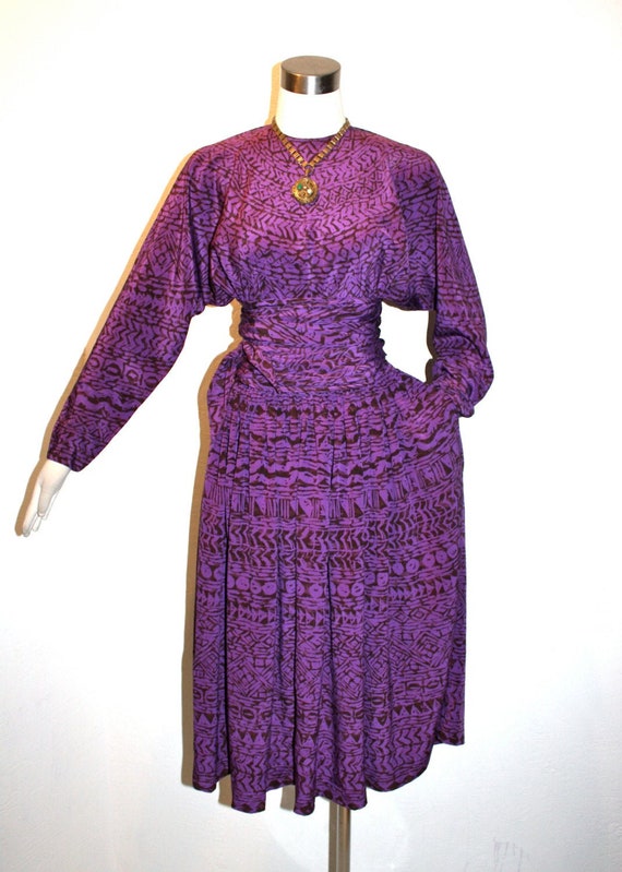 HALSTON Vintage Dress Drop Waist Block Print Silk… - image 3