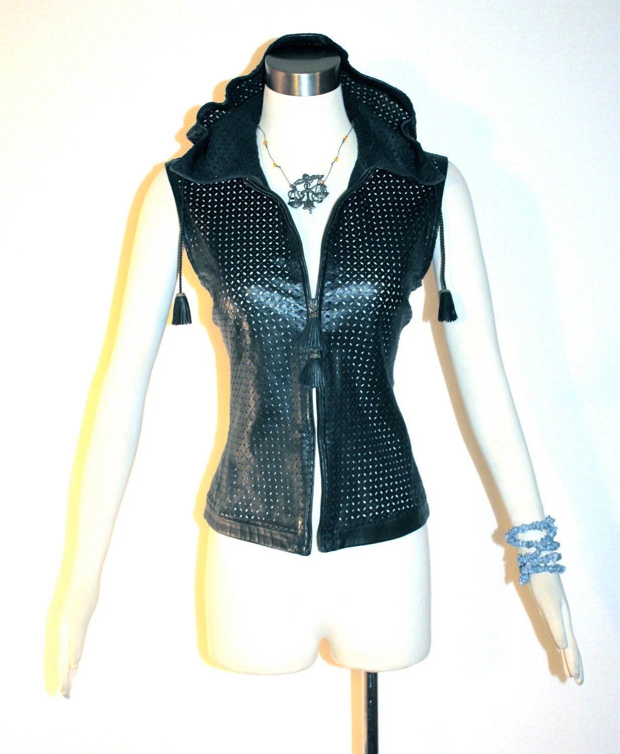 Gianni Versace Vintage Black Leather Vest Hooded Perforated