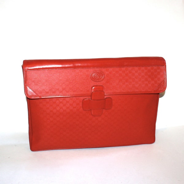 GUCCI Vintage Clutch Red Leather Monogrammed Oversized Tote Computer Case - AUTHENTIC -