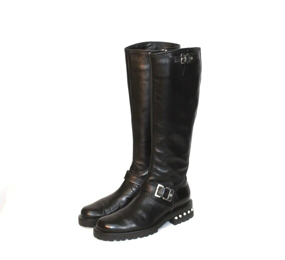 Vintage GIANNI VERSACE Boots Motorcycle Tall Black Leather 