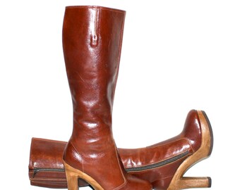 Vintage 70's PLATFORM Boots Brown Leather Wood Sole Rockstar Stovepipe Boots 7.5