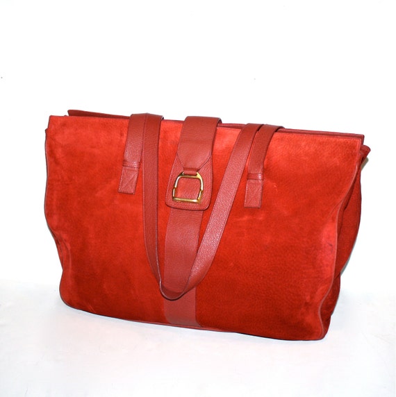 GUCCI Vintage Handbag Red Suede Leather Large Car… - image 1