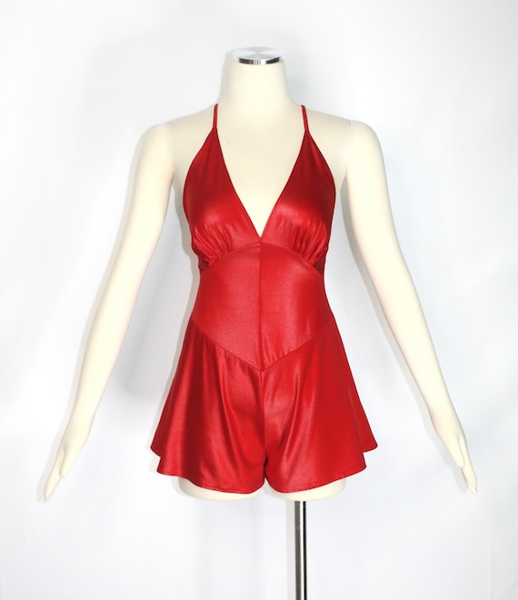 Vintage Early OMO NORMA KAMALI Red Shiny Romper