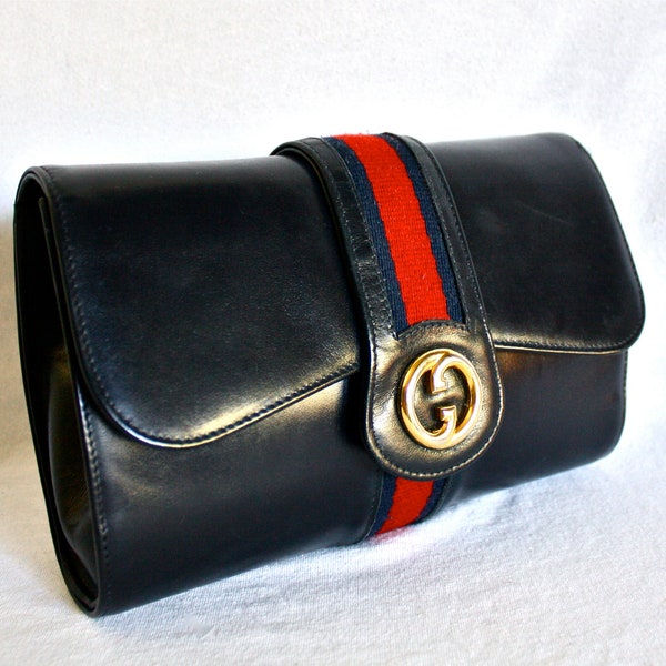 Vintage GUCCI Clutch Blue Leather Web Stripe Medallion Handbag -Authentic-