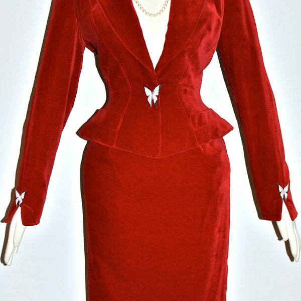 Vintage THIERRY MUGLER Suit Red Velvet Jeweled Butterfly Skirt Blazer Outfit