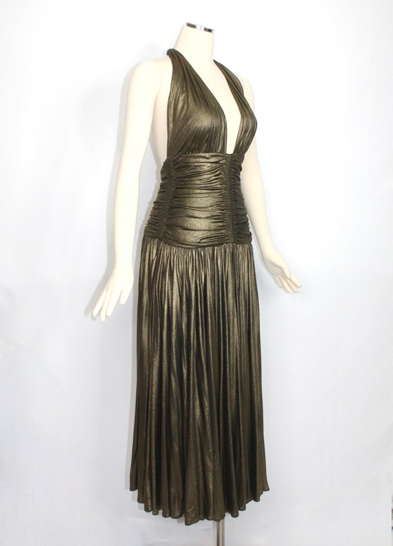 NORMA KAMALI OMO Vintage Gold Metallic Ruched Hal… - image 3