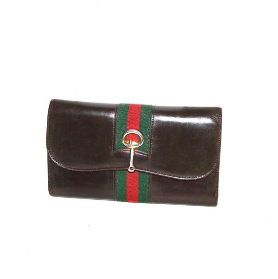 GUCCI Vintage Wallet Brown Leather Web Tri-Fold Co