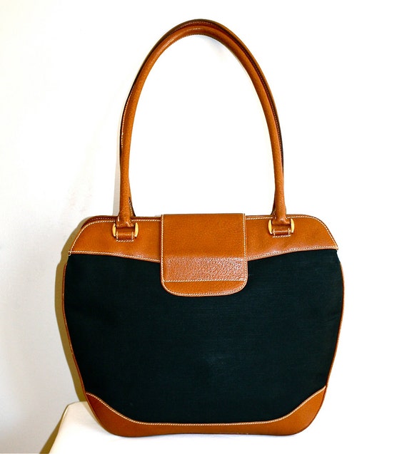 GUCCI Vintage Handbag Brown Leather Black Canvas … - image 3