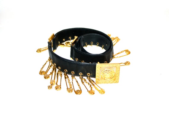 GIANNI VERSACE Vintage Safety Pin Belt Gold Black… - image 2