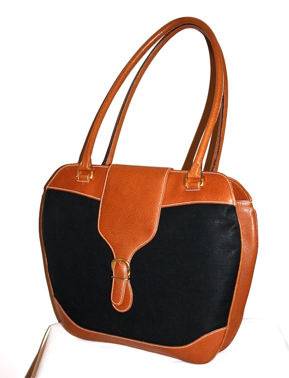 GUCCI Vintage Handbag Brown Leather Black Canvas … - image 1