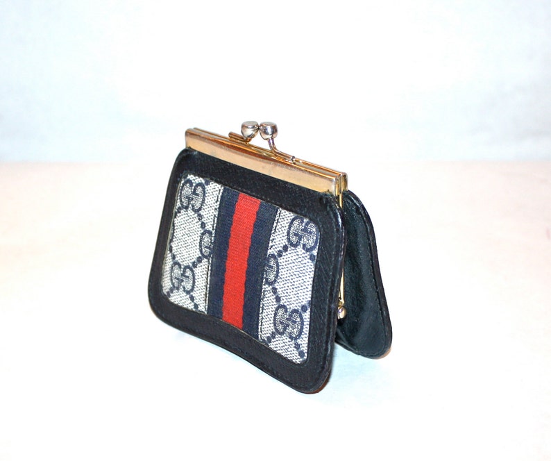 GUCCI Vintage Coin Purse Navy Monogrammed Canvas Leather  Kisslock