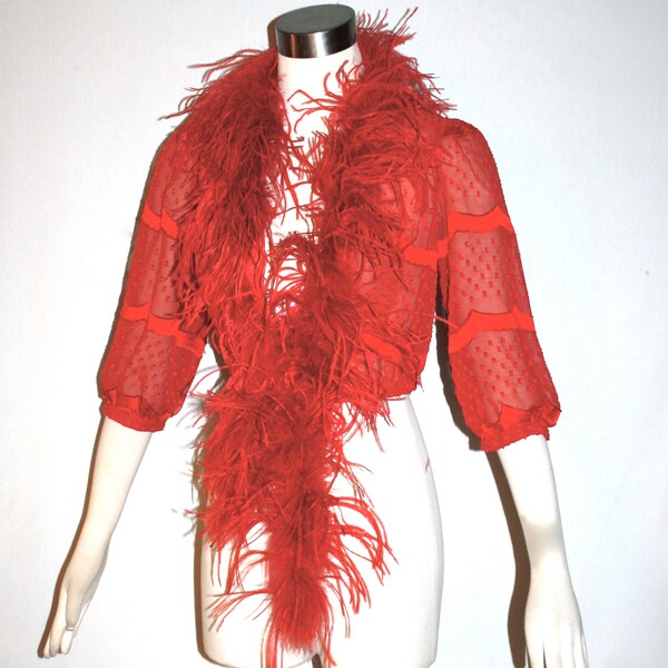 Reserved......................LANVIN Paris Vintage Silk Feather Bolero Red Burnout Marabou Blouse - AUTHENTIC -