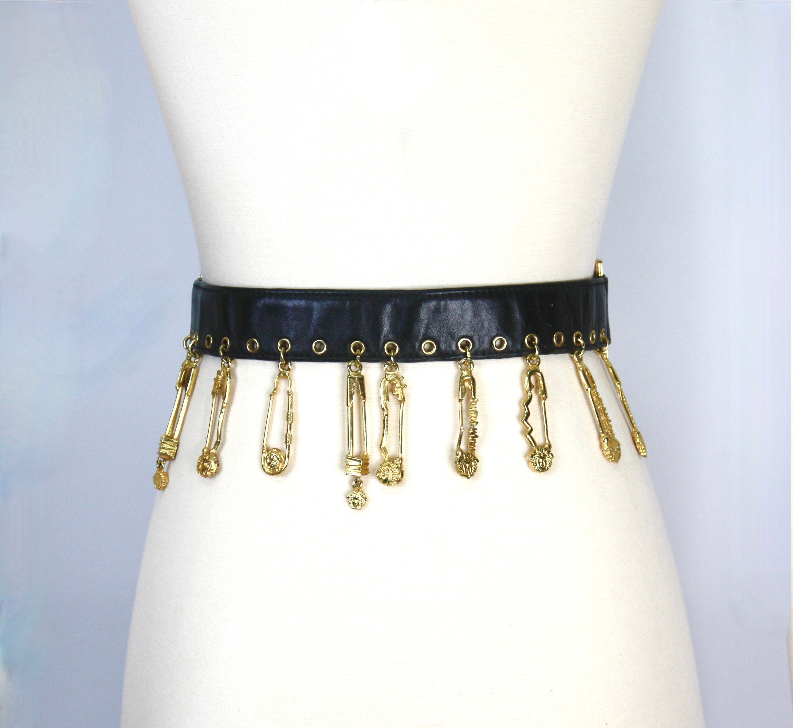 GIANNI VERSACE Vintage Safety Pin Belt Gold Black Leather Medusa