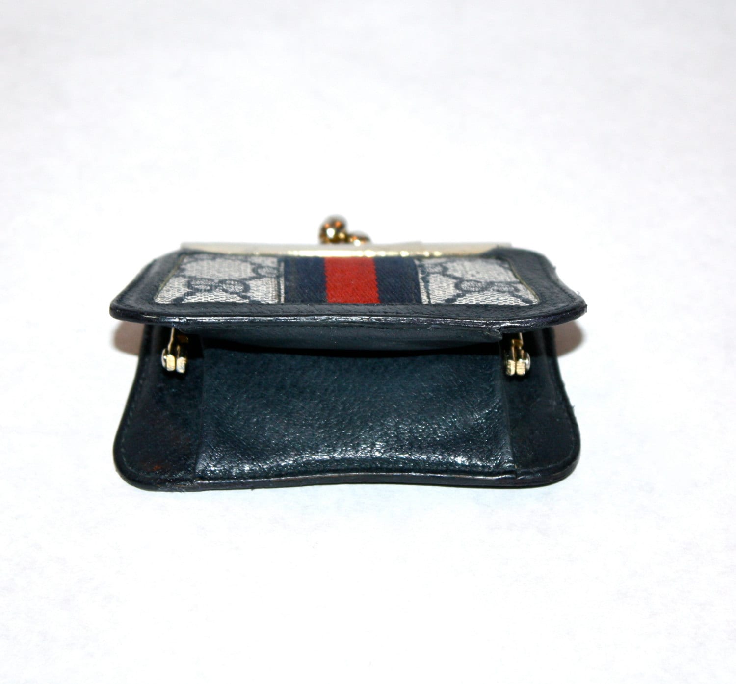 GUCCI Vintage Coin Purse Navy Monogrammed Canvas Leather  Kisslock