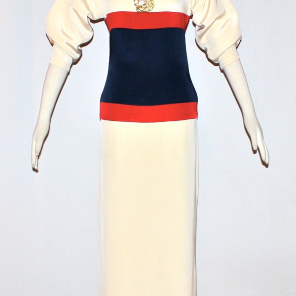 Vintage OSCAR de la RENTA Gown Cream Red Navy Color Block Formal Dress - AUTHENTIC -