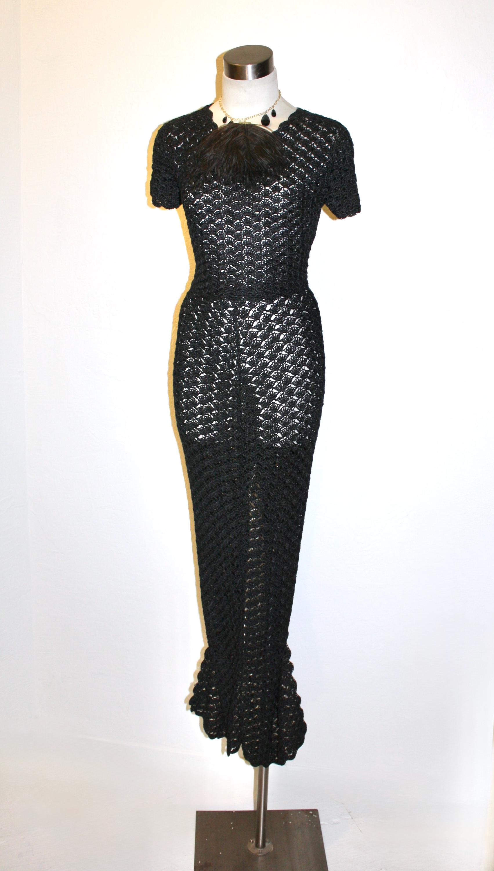 Todd Oldham Vintage Crochet Dress Formal Black Knit Mermaid Skirt Top Maxi - Authentic