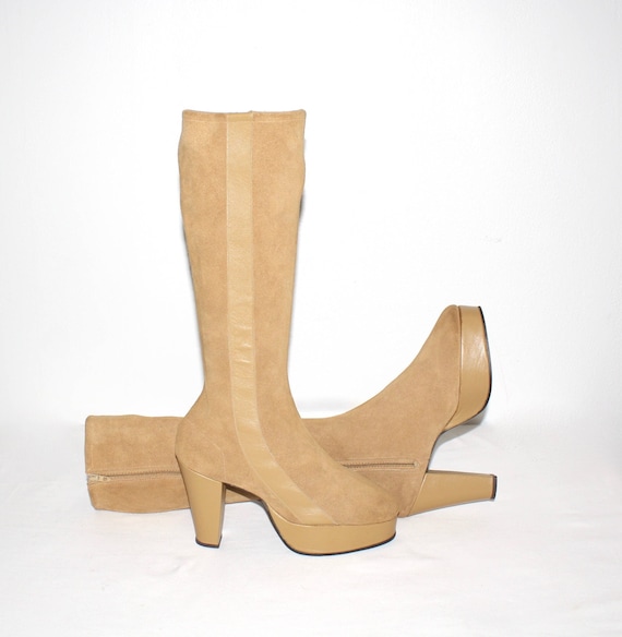 BATTANI Vintage Platform Boots Tan Suede Leather 7