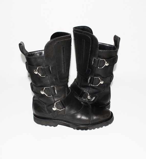 Authentic Gianni Versace Black Leather Boot GIANNI VERSACE black leather knee-high combat boots w/ gold  main image 4