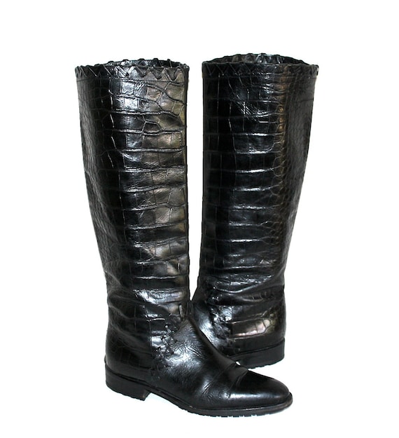 Vintage BALLY Boots Black Crocodile Embossed Leather Riding  display picture 1