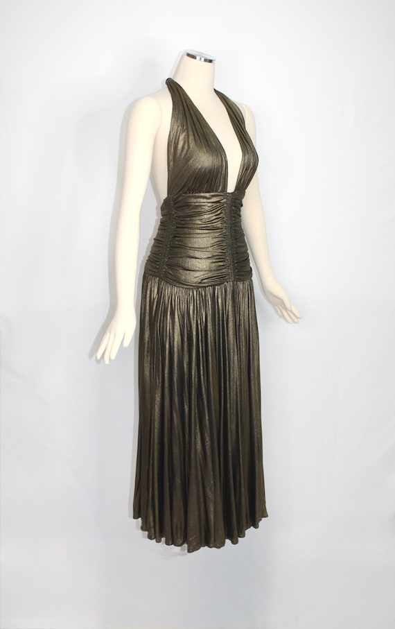 NORMA KAMALI OMO Vintage Gold Metallic Ruched Halter Dress
