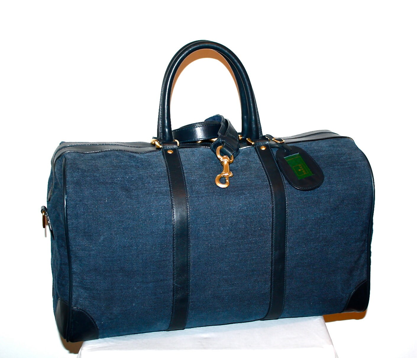GUCCI Vintage Duffle Handbag Denim Navy Leather Large Travel Etsy