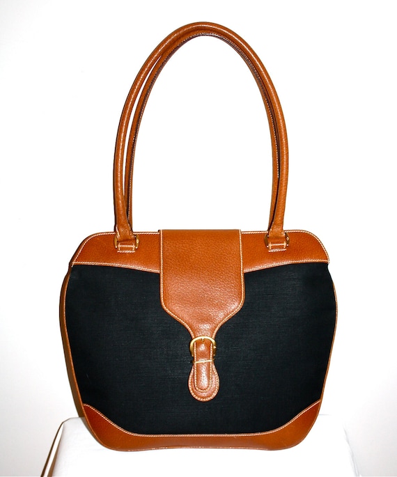 GUCCI Vintage Handbag Brown Leather Black Canvas … - image 2