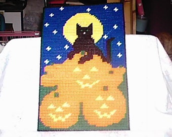 Plastic Canvas Pattern Black Cat and Jack O Lanterns Wall Hanging Instant Download