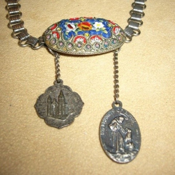 Vintage Redesigned Micro Mosaic Double Catholic Medal Book Chain Necklace 234