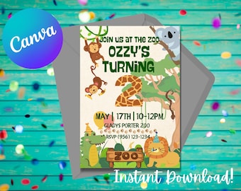 Invitation d'anniversaire animaux de zoo : Jungle Safari Party (téléchargement numérique pour modèle)
