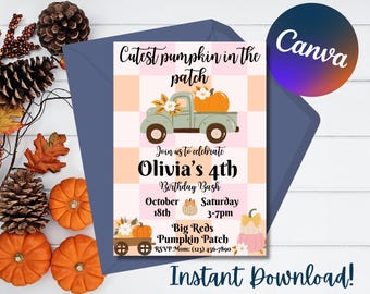 Editable Cutest Pumpkin in the Patch Birthday Invitation: Canva Template (Digital Download)