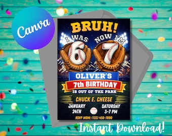 Zaproszenie na urodziny 6-7 | Edytowalne zaproszenie na mecz baseballowy Six Seven: Szablon Canva (do pobrania cyfrowego)
