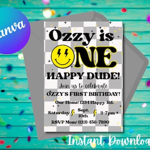 Bearbeitbar One Happy Dude Einladung | Ein glücklicher Dude | Alles Gute zum Geburtstag | Bearbeitbare Geburtstagseinladung | Junge 1.Geburtstag